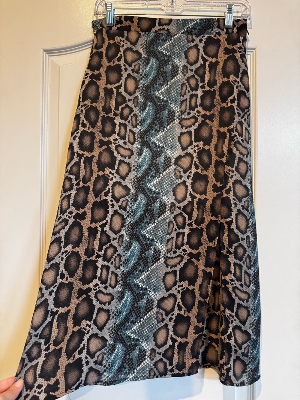 Midi A-Line Snake Print Skirt in Brown and Teal